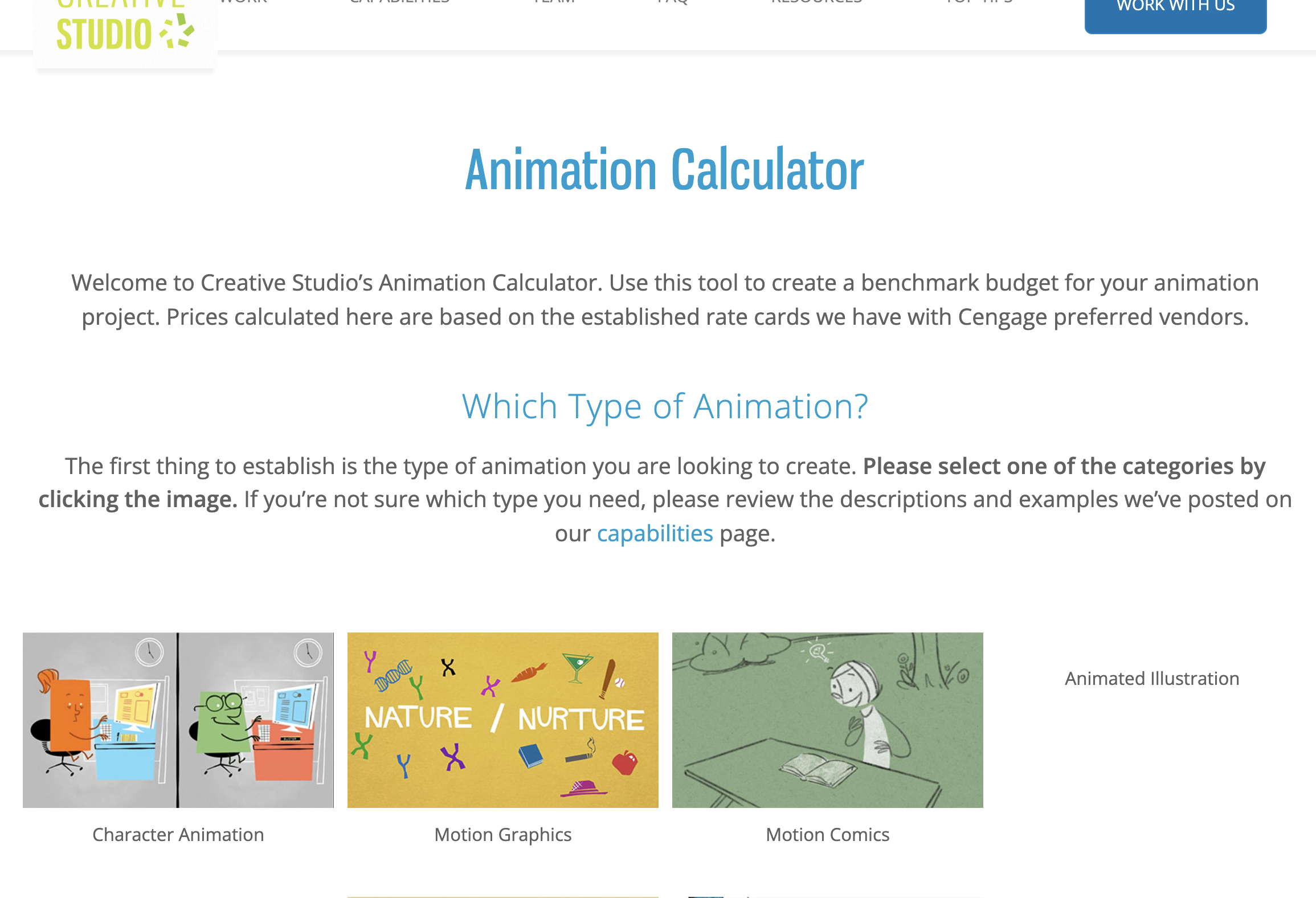 Creative Studio Animation Calculator page