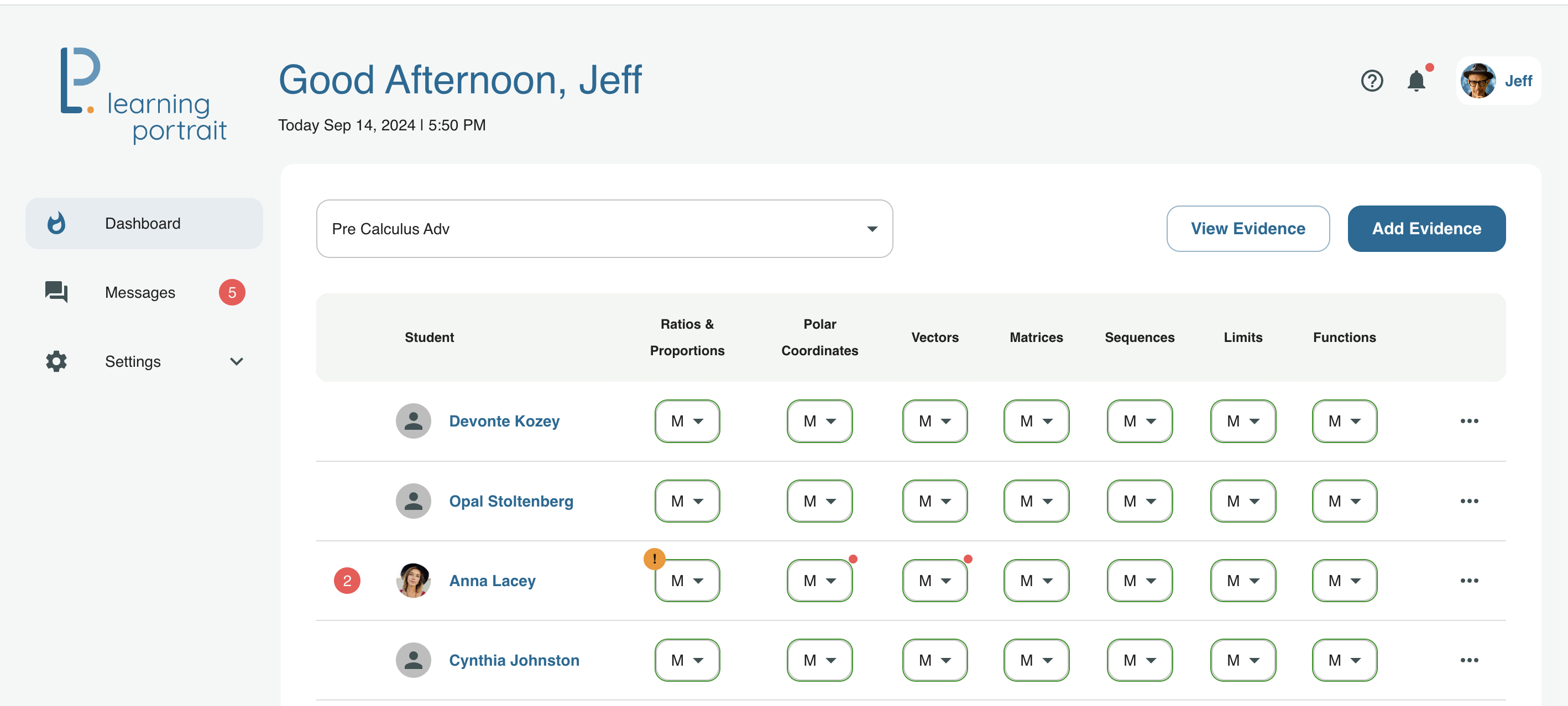 Learning Portrait teacher dashboard